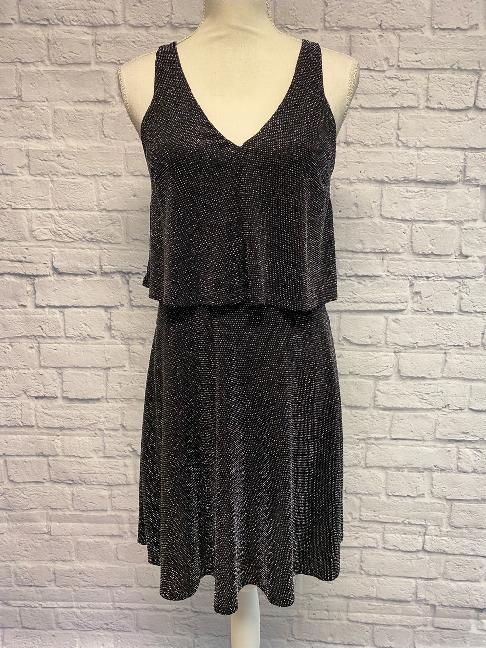 Express Black Sparkle V-Neck Fit & Flare Mini Dress Size Small